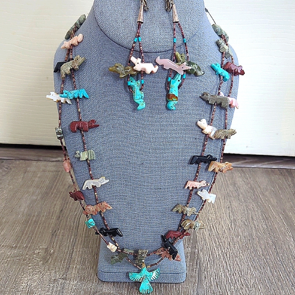 Vintage Native American Zuni Fetish Sterling Silver Gemstone Necklace Earrings